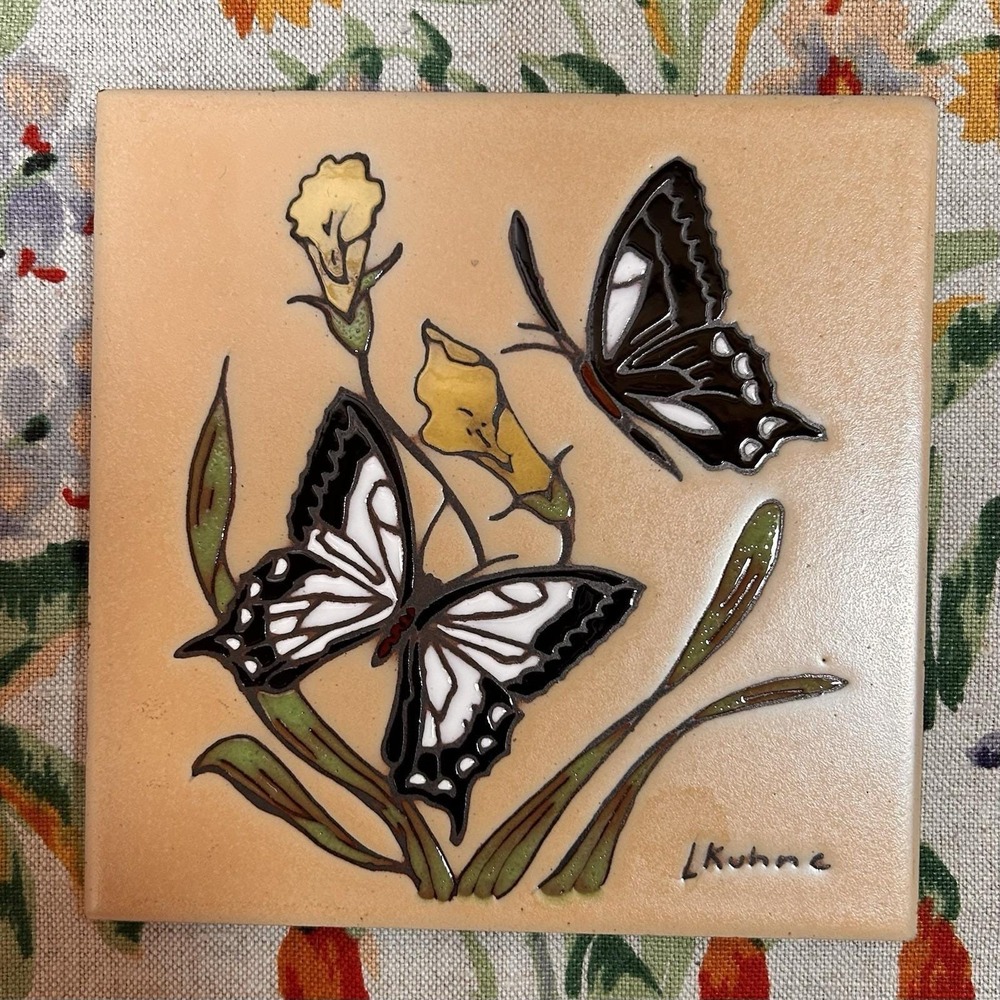 VTG 80s Earthtones Butterfly Tile Leon Kuhne Floral Tile Trivet Wall Decor Boho